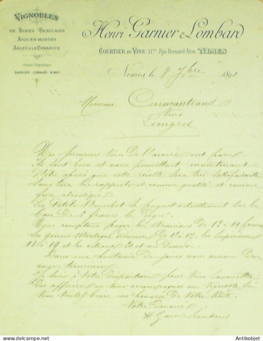 Lettre Ciale Henri Garnier Lombard (vignobles) 1892 à Nîmes (30)
