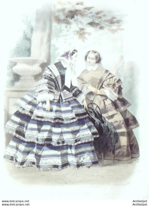 Gravure Les Modes Parisiennes 1852 # 707 Robes en Barèges Maison Delisle