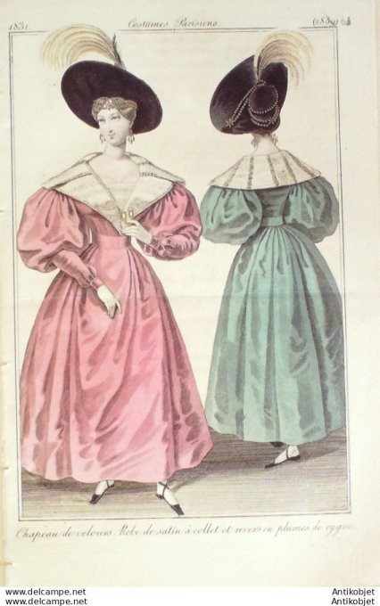 Gravure de mode Costume Parisien 1831 n°2861 Robe satin collet plumes de cygne