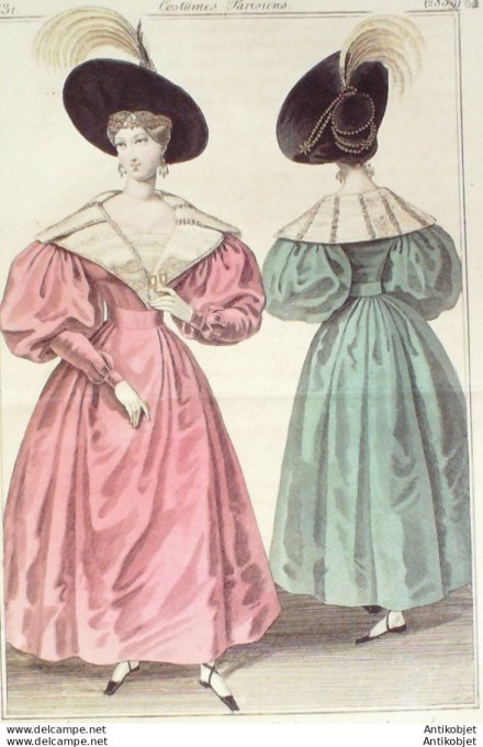 Gravure de mode Costume Parisien 1831 n°2861 Robe satin collet plumes de cygne