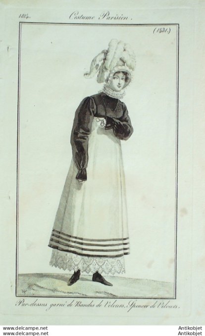 Gravure de mode Costume Parisien 1814 n°1431 Pardessus Redingote velours