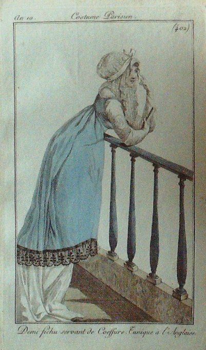 Gravure Mode Costume Parisien 1802 an 10 # 402 (eau forte old Fashion plate