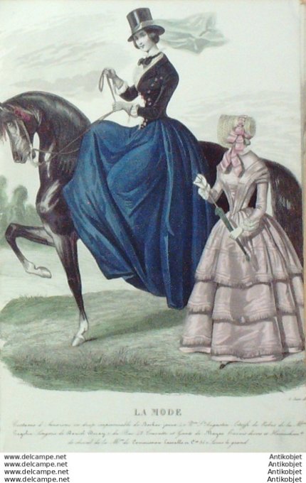 Gravure La mode 1845 # 16 (aquarelle old Fashion plate) Amazone