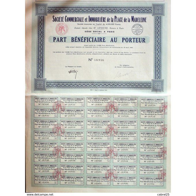 SOCIETE COMMERCIALE et IMMOBILIERE de la PLACE de la MADELEINE-ACTION au PORTEUR-1932