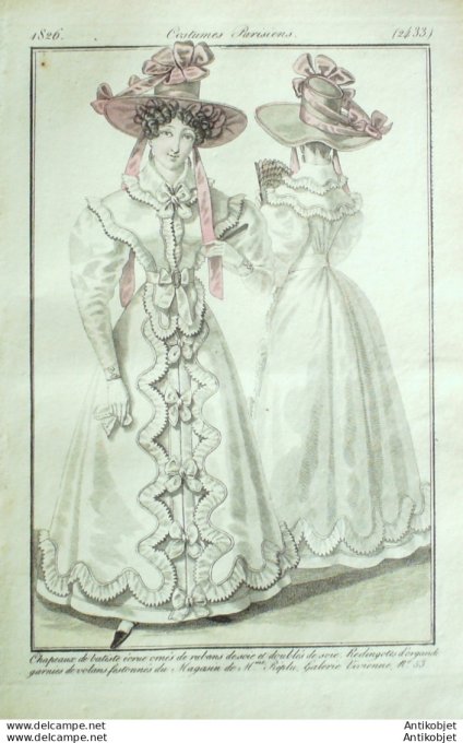 Gravure de mode Costume Parisien 1826 n°2433 Redingotes d'organdi & batiste