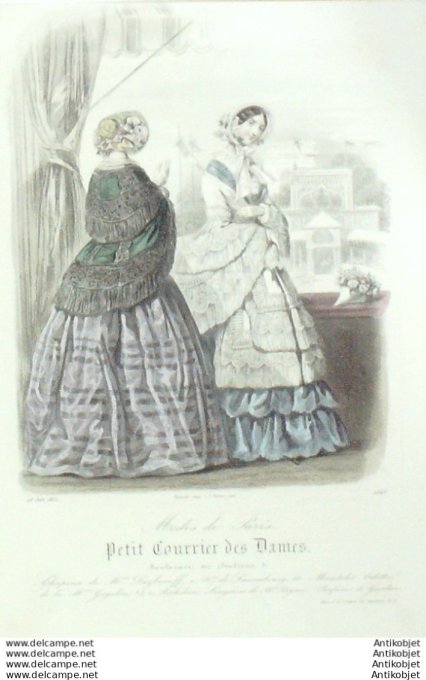 Gravure Mode Courrier des Dames 1852 # 2646 (eau forte old Fashion plate)