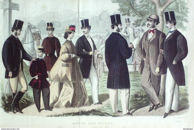 Gravure Mode Musee 1863- 5 (Old Fashion plate) Rare Cavaliers Amazone