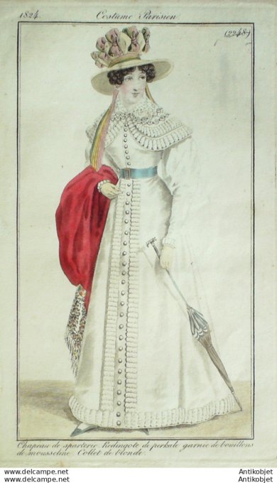 Gravure de mode Costume Parisien 1824 n°2248 Redingote perkale bouillons