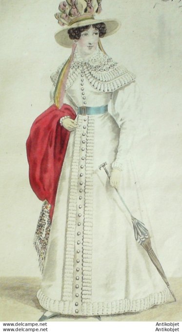 Gravure de mode Costume Parisien 1824 n°2248 Redingote perkale bouillons