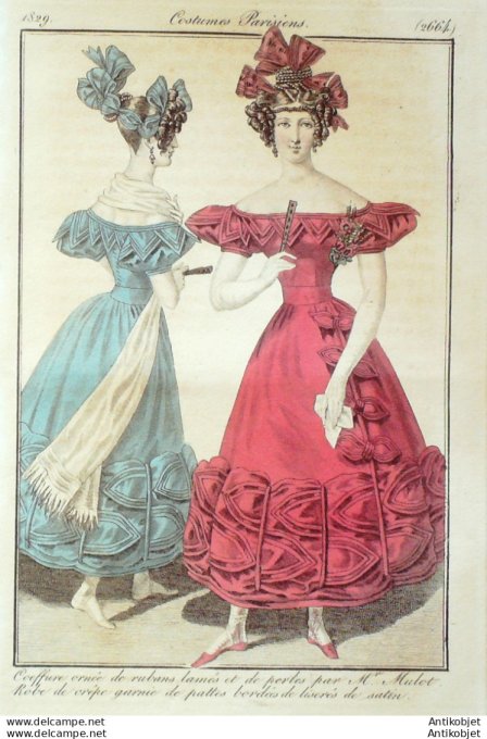 Gravure de mode Costume Parisien 1829 n°2664 Robe de crêpe garnie de liserés