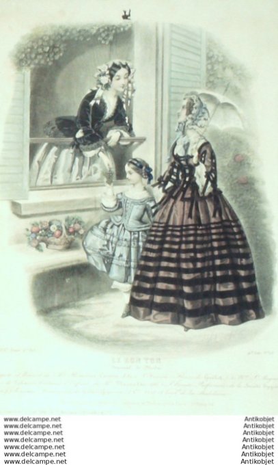 Gravure Mode Le Bon Ton 1852 19 # 13 (aquarelle old fashion plate)
