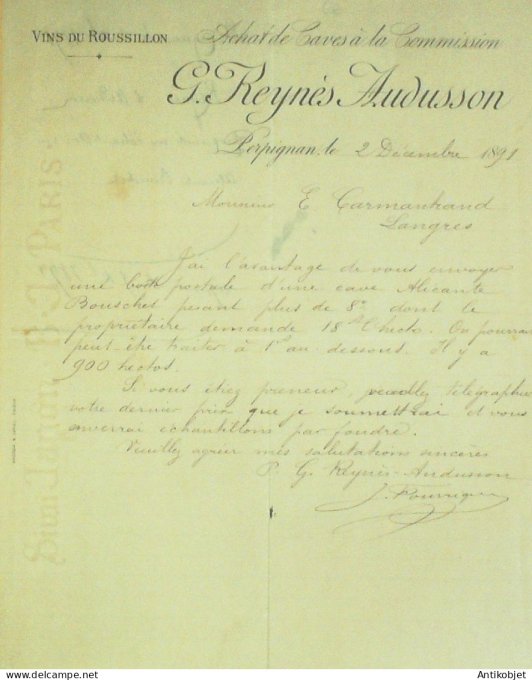 Facture G.Reynès Audusson (Vins du Roussillon) en 1891 Perpignan (66)