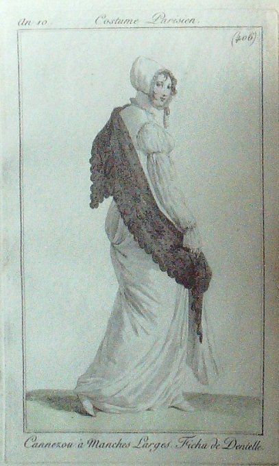 Gravure Mode Costume Parisien 1802 an 10 # 406 (eau forte old Fashion plate