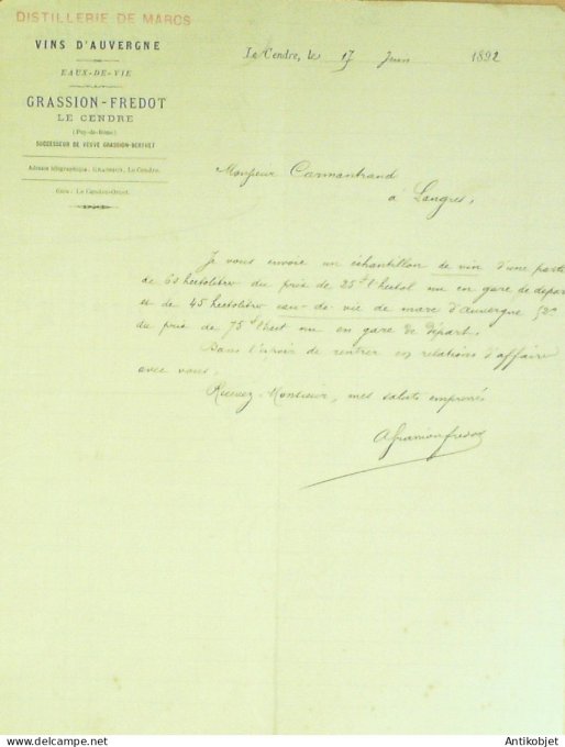 Lettre Ciale Grassion-Fredot (Distillerie marcs) 1892 Le Cendre (63)