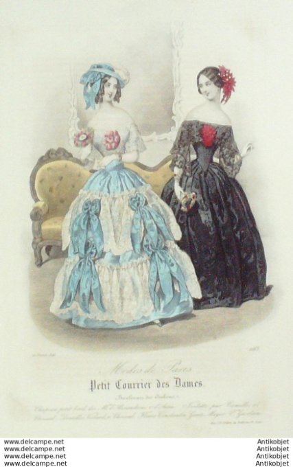 Gravure Mode Courrier des Dames 1846 # 2163 (eau forte old Fashion plate)