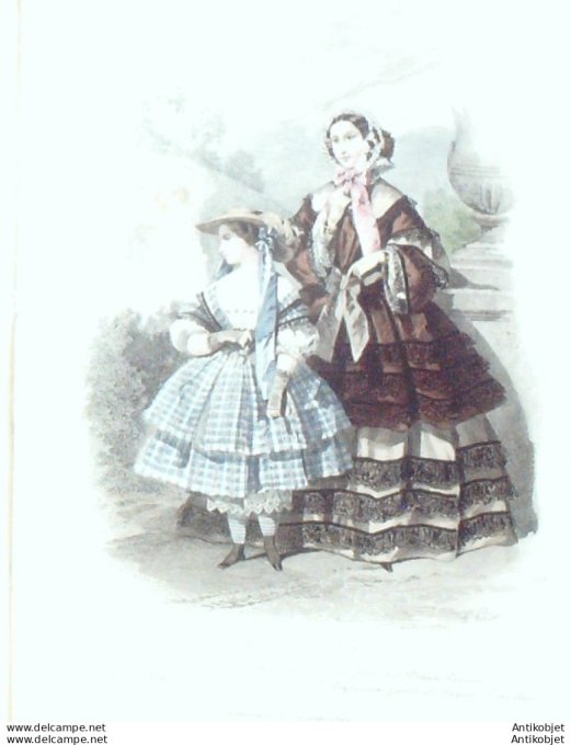 Gravure Les Modes Parisiennes 1852 # 708 Bains de mer Maison Vernon