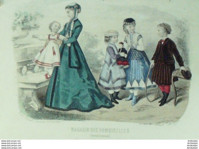 Gravure Mode Magasin Demoiselles 1867 #  4 (aquarellee Old Fashion plate)