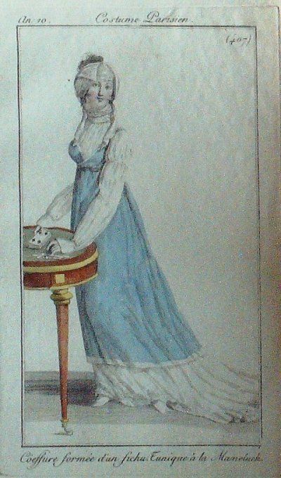 Gravure Mode Costume Parisien 1802 an 10 # 407 (eau forte old Fashion plate
