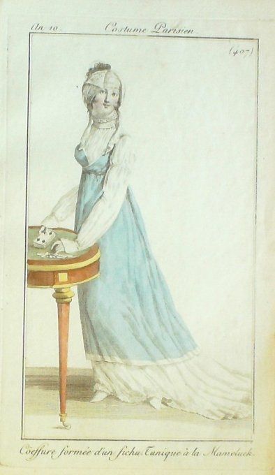 Gravure Mode Costume Parisien 1802 an 10 # 407 (eau forte old Fashion plate