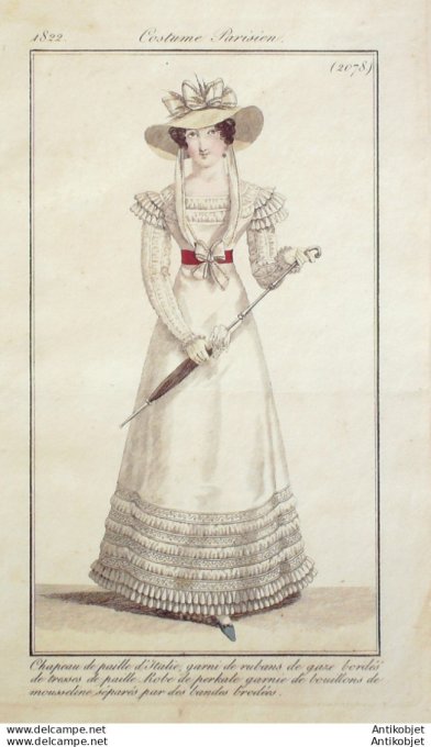 Gravure de mode Costume Parisien 1822 n°2078 Robe perkale garnie de mousseline