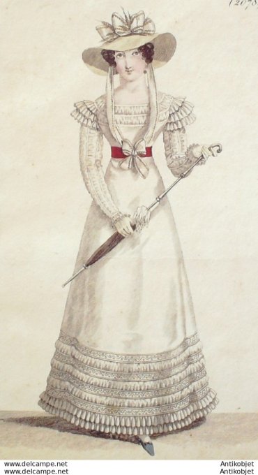 Gravure de mode Costume Parisien 1822 n°2078 Robe perkale garnie de mousseline