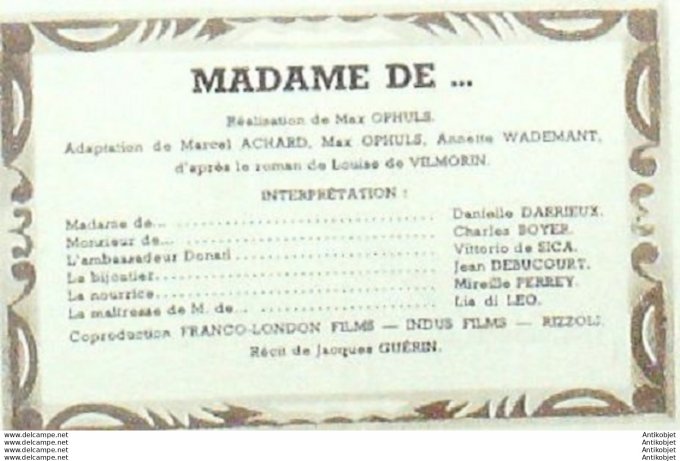 Madame De Danielle Darrieux Charles Boyer Vittorio de Sica