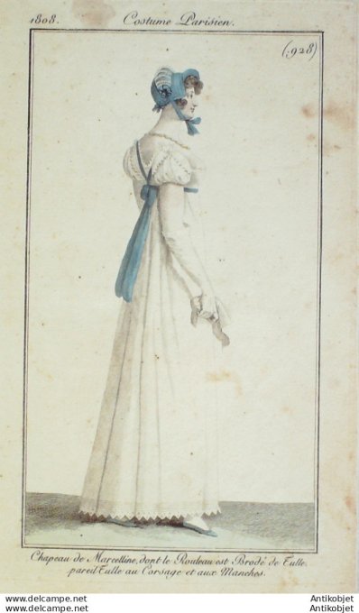 Gravure de mode Costume Parisien 1808 n° 928 corsage en tulle aux manches