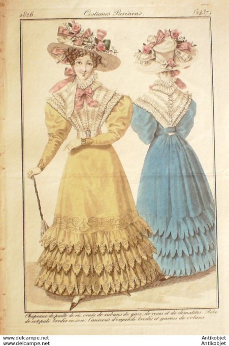 Gravure de mode Costume Parisien 1826 n°2437 Robes de cotpali brodées canezous