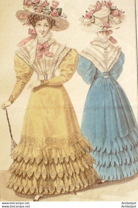 Gravure de mode Costume Parisien 1826 n°2437 Robes de cotpali brodées canezous