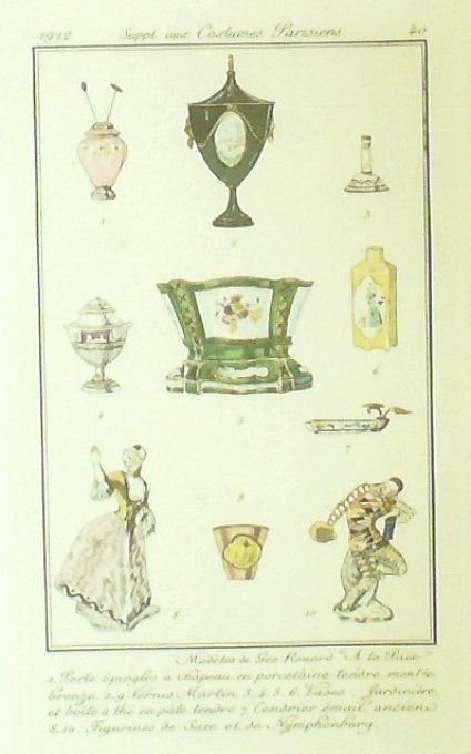 Gravure Costume Parisien 1912 # 40 Rouard Géo (eau forte) Porte épingles vases
