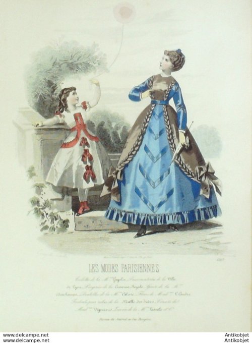 Gravure Les Modes Parisiennes 1865 #1263 Robe gros de Naples Maison Cagelin