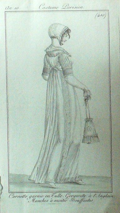 Gravure Mode Costume Parisien 1802 an 10 # 410 (eau forte old Fashion plate
