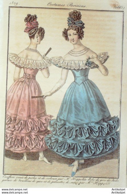 Gravure de mode Costume Parisien 1829 n°2665 Robe gros des Indes