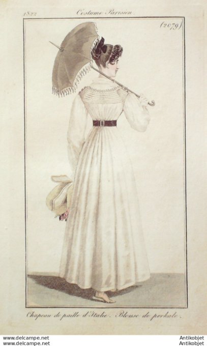 Gravure de mode Costume Parisien 1822 n°2079 Blouse perkale chapeau de paille