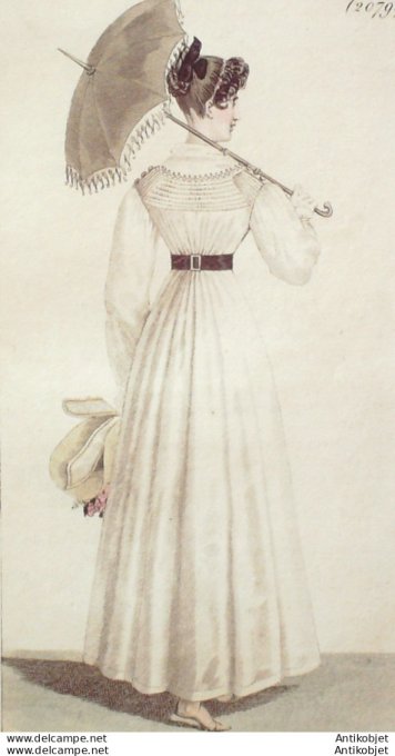 Gravure de mode Costume Parisien 1822 n°2079 Blouse perkale chapeau de paille