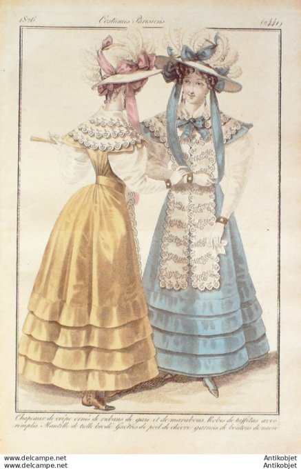 Gravure de mode Costume Parisien 1826 n°2441 Robes de taffetas avec remplis  mantille