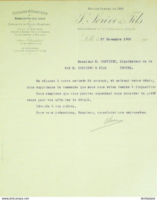 Lettre Ciale F.Serive & fils (Tissage) 1906 à Marquette-Lez-Lille (59)