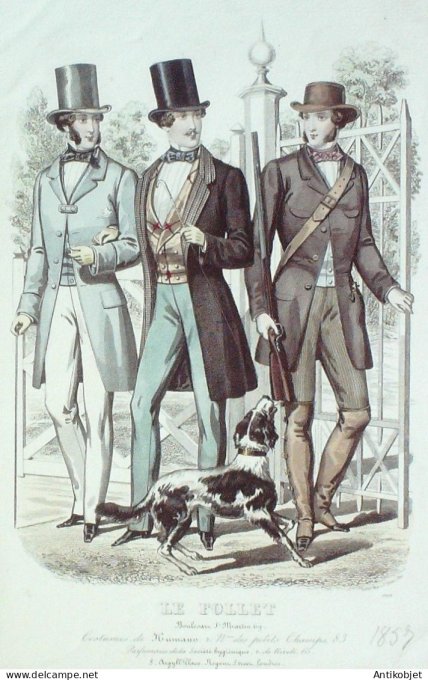 Gravure Mode Le Follet 1859 # 1909 (aquarelle Old Fashion plate)