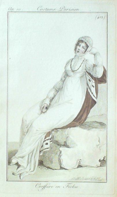 Gravure Mode Costume Parisien 1802 an 10 # 412 (eau forte old Fashion plate