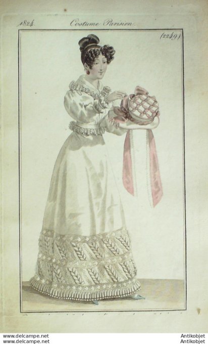 Gravure de mode Costume Parisien 1824 n°2249 Robe satin brodée dentelles épis