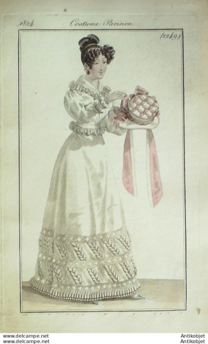 Costume Parisien 1824 # 2249 Robe satin brodée dentelles épis