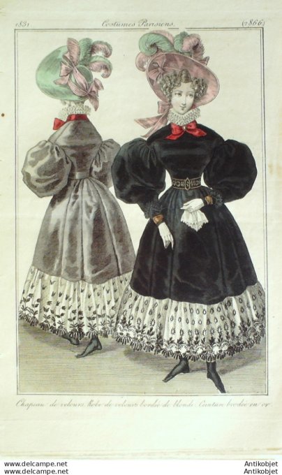 Gravure de mode Costume Parisien 1831 n°2866 Robe velours bordée de blonde