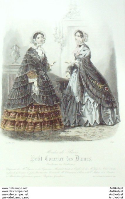 Gravure Mode Courrier des Dames 1852 # 2641 (eau forte old Fashion plate)