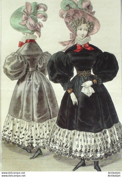Gravure de mode Costume Parisien 1831 n°2866 Robe velours bordée de blonde
