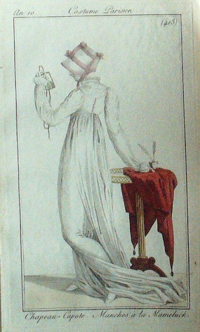 Gravure Mode Costume Parisien 1802 an 10 # 413 (eau forte old Fashion plate