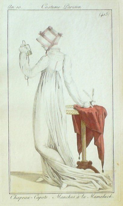 Gravure Mode Costume Parisien 1802 an 10 # 413 (eau forte old Fashion plate