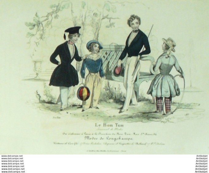 Gravure Mode Le Bon Ton 1843 # 673 (aquarelle old fashion plate)