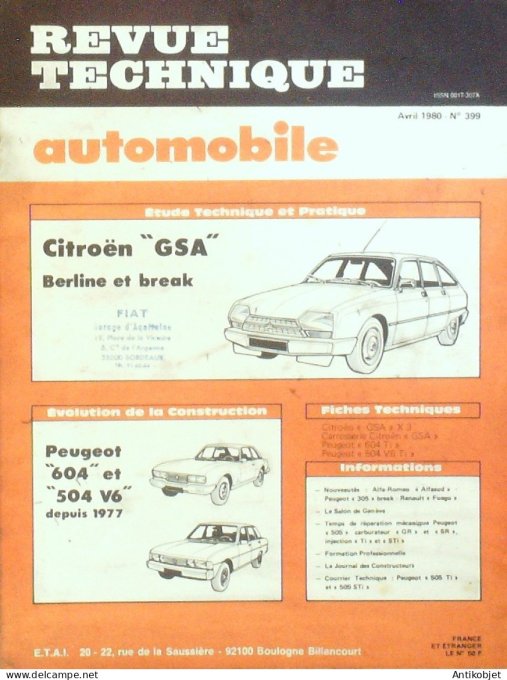Revue Tech. Automobile 1980 n°399 Citroen Gsa Peugeot 504 & 604 V6