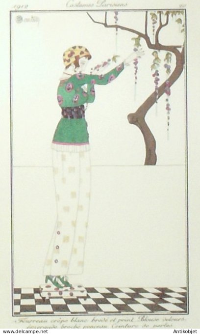 Gravure de mode Costume Parisien 1912 pl.20 MARTIN Charles Fourreau de crêpe