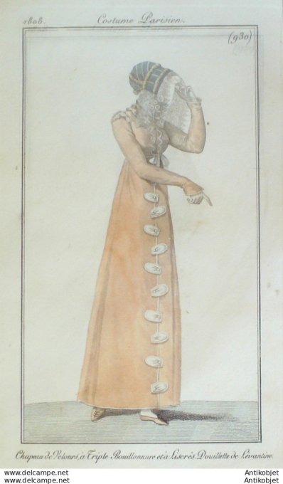 Gravure de mode Costume Parisien 1808 n° 930 Douillettte de Lavantine